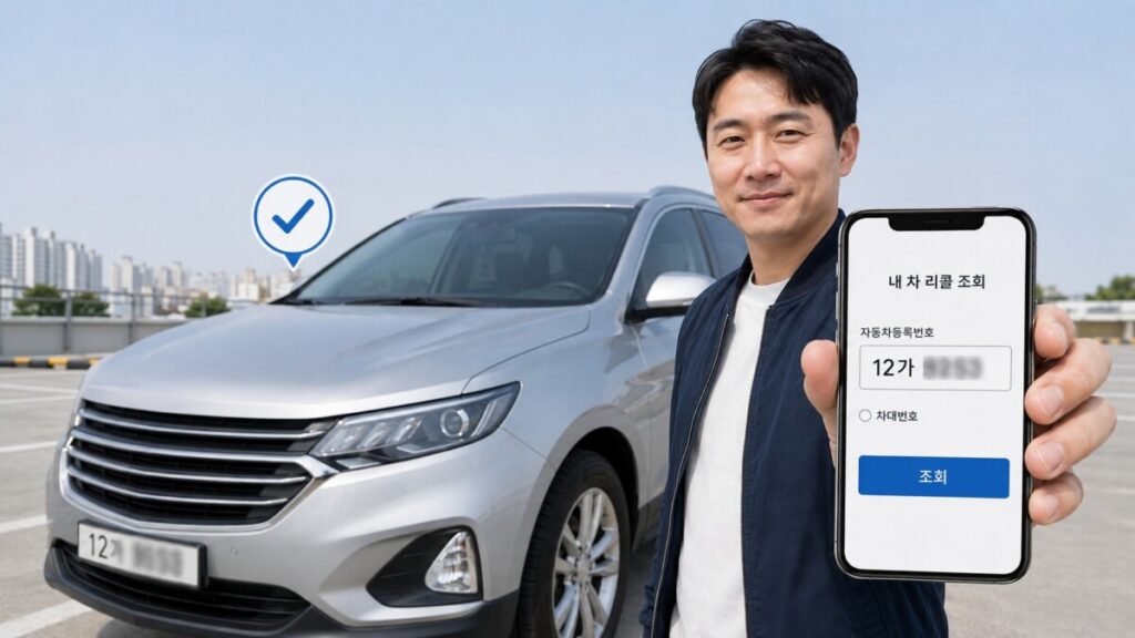 자동차 앞에서 스마트폰의 내 차 리콜 조회 화면을 보여주는 모습