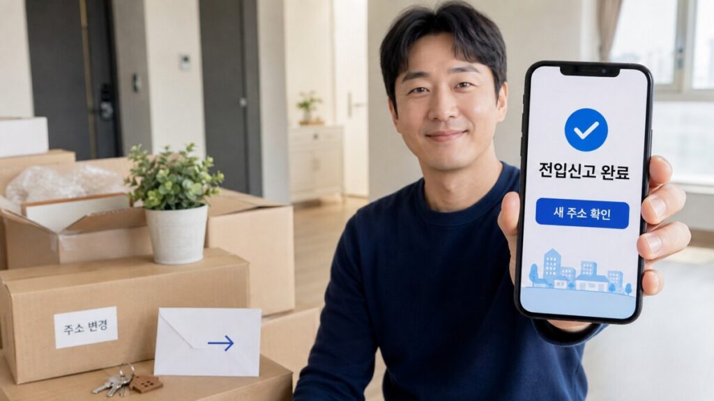 이사 후 전입신고를 완료하고 휴대전화로 새 주소를 확인하는 모습