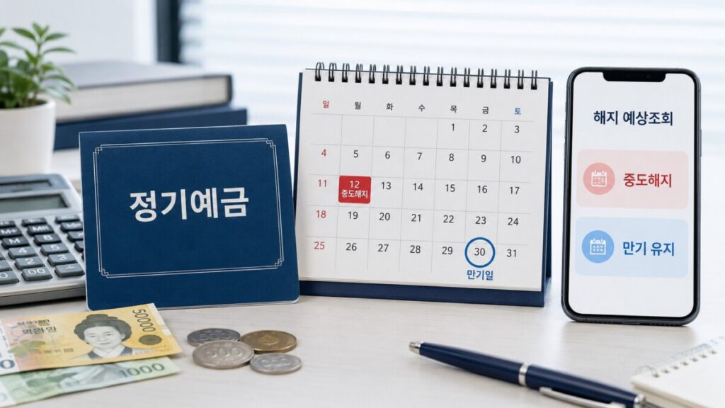 정기예금 통장과 달력으로 중도해지 시점과 만기일을 비교하는 모습