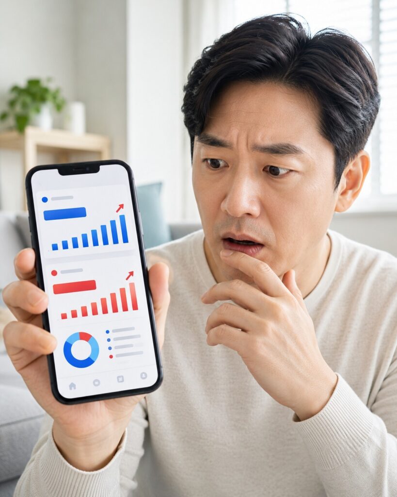 지난달보다 증가한 휴대폰 요금을 확인하는 모습