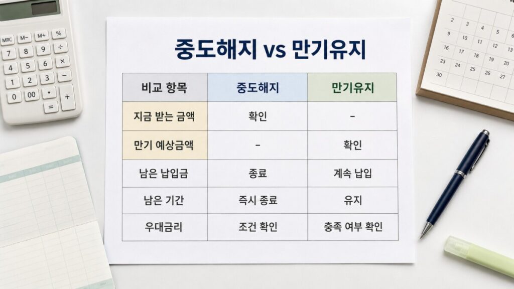적금 중도해지와 만기유지의 예상금액과 남은 기간을 비교하는 표