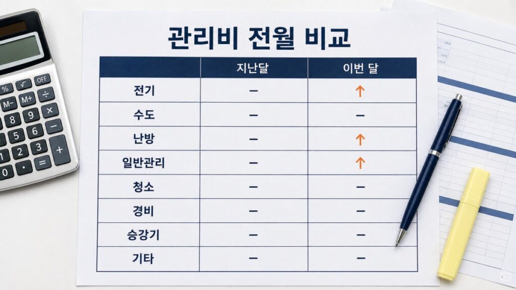전기 수도 난방 등 아파트 관리비 항목을 지난달과 이번 달로 비교한 표