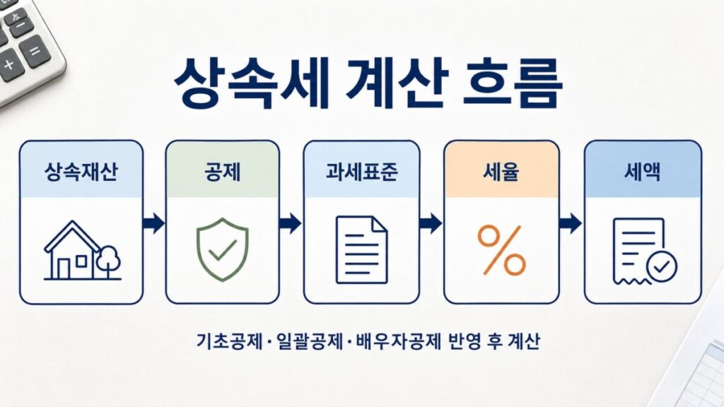 상속재산에서 공제와 과세표준을 거쳐 세액으로 이어지는 상속세 계산 흐름도